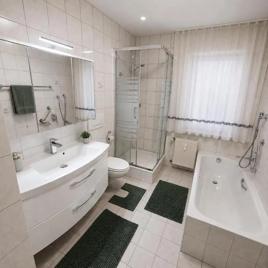 Badezimmer mit Dusche, Badewanne und Waschtisch in Augustdorf